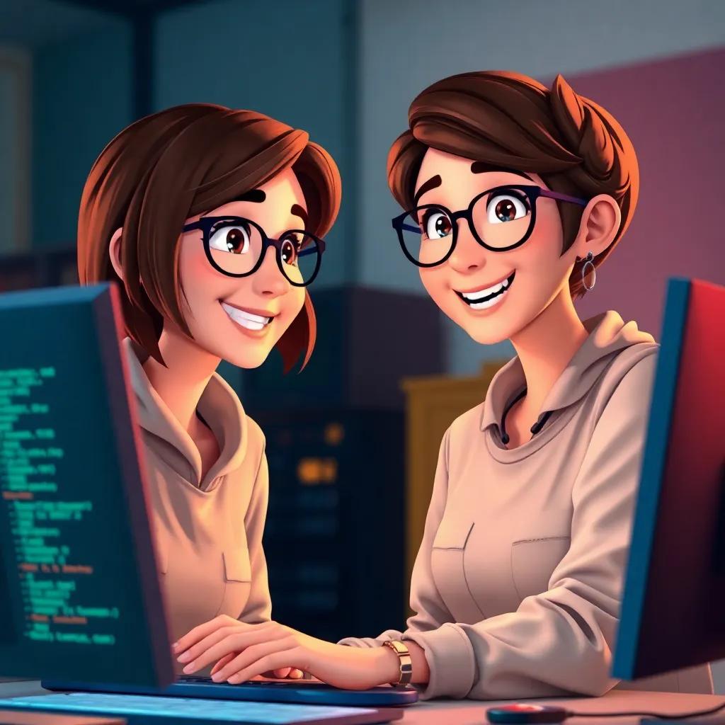 An engineer named Ada, a young woman with short brown hair and glasses, smiling brightly at Sparky while typing on a computer, with lines of code on the screen, digital art, vibrant colors, warm lighting, eye-level view, friendly and educational atmosphere