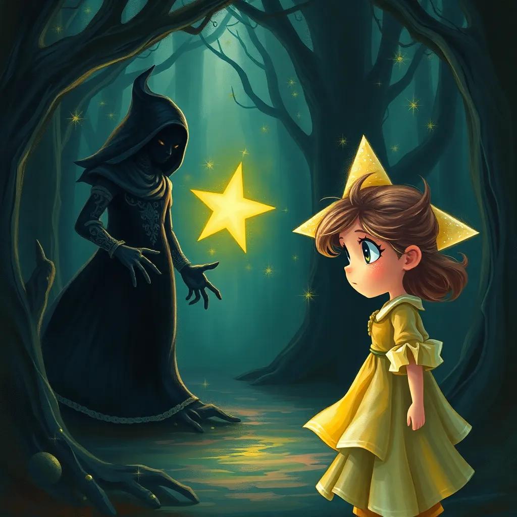 Star, a young girl with sparkling eyes and light-colored clothes, facing a swirling dark figure called Shadow in a shadowy forest, illustrated with a determined expression, vibrant colors, dramatic lighting, clear focus, adventure-themed, high quality