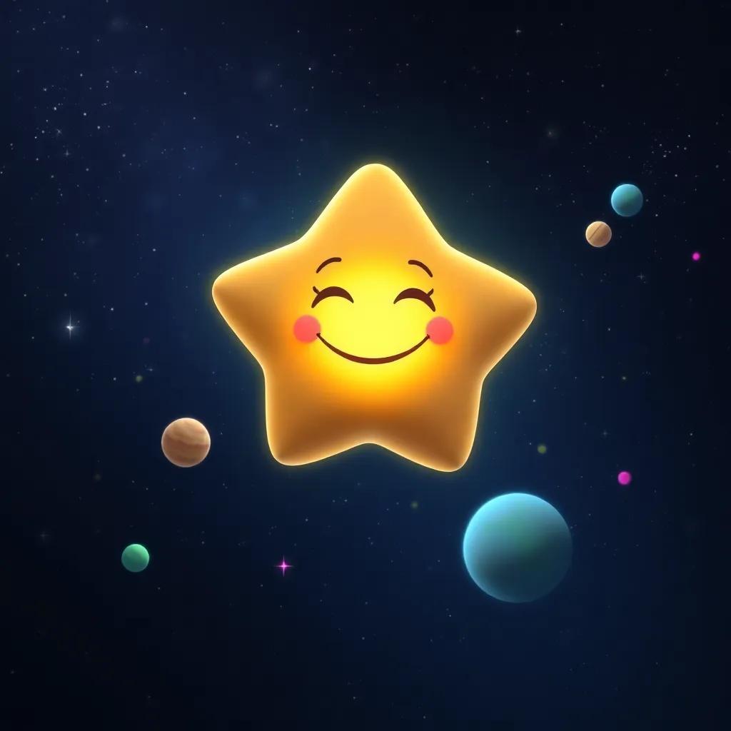 A glowing star smiling brightly in a dark night sky with twinkling stars around, surrounded by colorful planets, digital art, vibrant colors, magical atmosphere, high quality