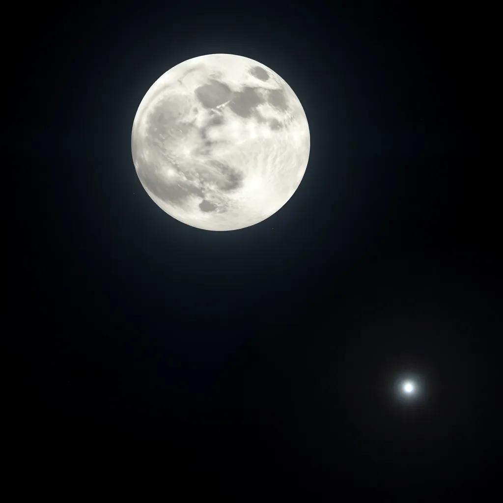A wise old moon looking down at a bright star, twinkling light, against a dark canvas of the universe, digital painting, serene light, peaceful imagery, high quality