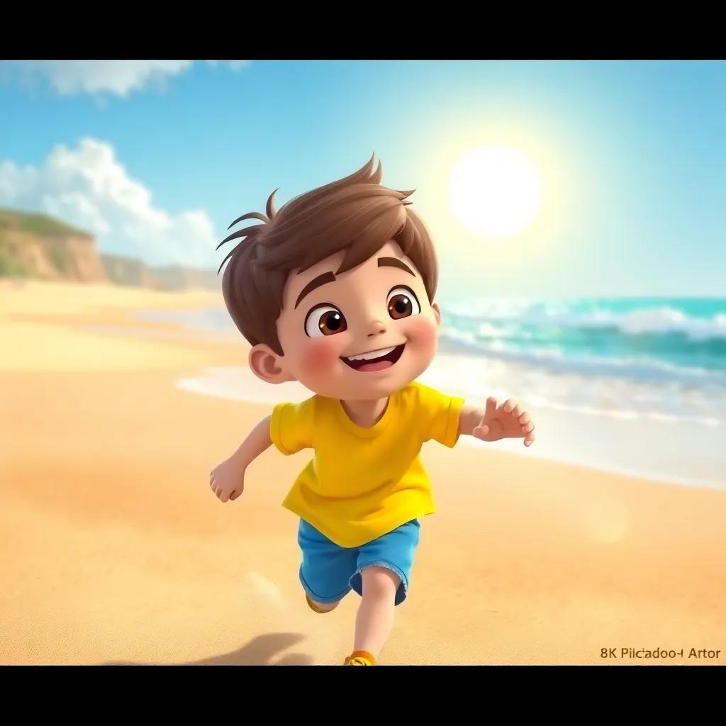 A little boy, Stephen, with short brown hair wearing a bright yellow T-shirt and blue shorts, running excitedly on the sandy beach, with waves in the background and a bright sun shining, digital art, cheerful, warm colors, inviting atmosphere, vibrant