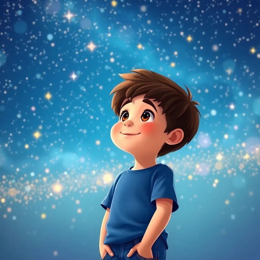 A young boy, Stephen, with short brown hair, wearing a blue t-shirt and jeans, looking up at a sparkling sky filled with stars, with a curious expression, cheerful, digital art, vibrant colors, magical atmosphere, high quality