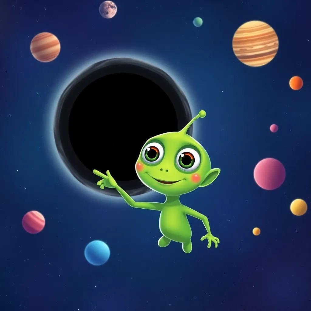 An alien named Zog, with green skin and big round eyes, floating next to Stephen in space, pointing with excitement at a giant black hole, colorful planets in the background, friendly, whimsical illustration, uplifting, engaging view, high quality