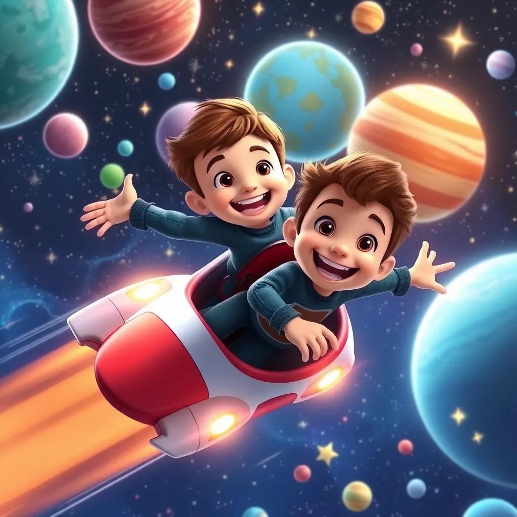 Stephen and Zog zooming through space, surrounded by twinkling stars and bright planets, Stephen smiling widely, feeling adventurous, colorful scenery, playful atmosphere, dynamic composition, high quality