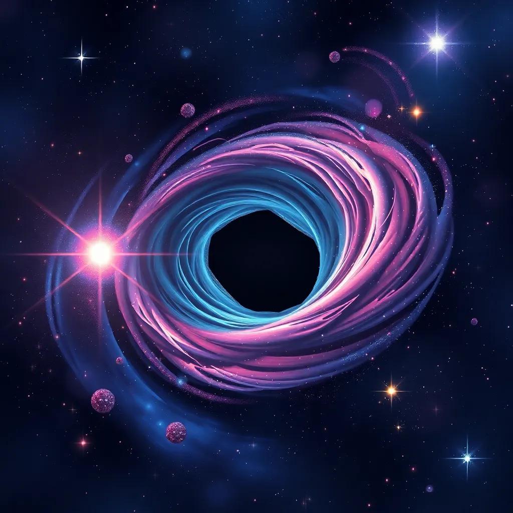 A swirling black hole in space, surrounded by bright stars and colorful light, bringing a sense of wonder and mystery, cosmic whirlpool, detailed and vibrant colors, enchanting portrayal, high quality
