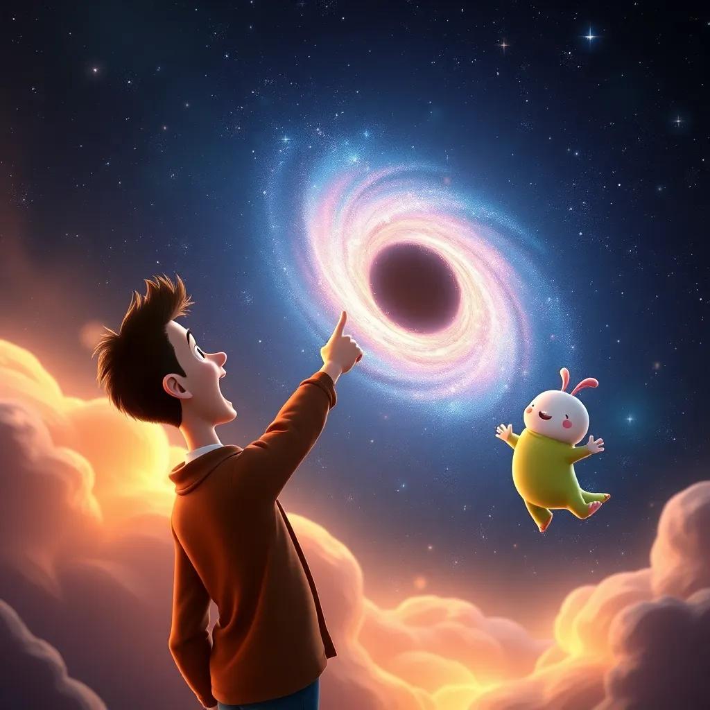 Stephen eagerly pointing at sparkling stars near the black hole, with Zog floating beside him, both amazed by the beauty, engaging scene, warm light, magical vibe, high quality