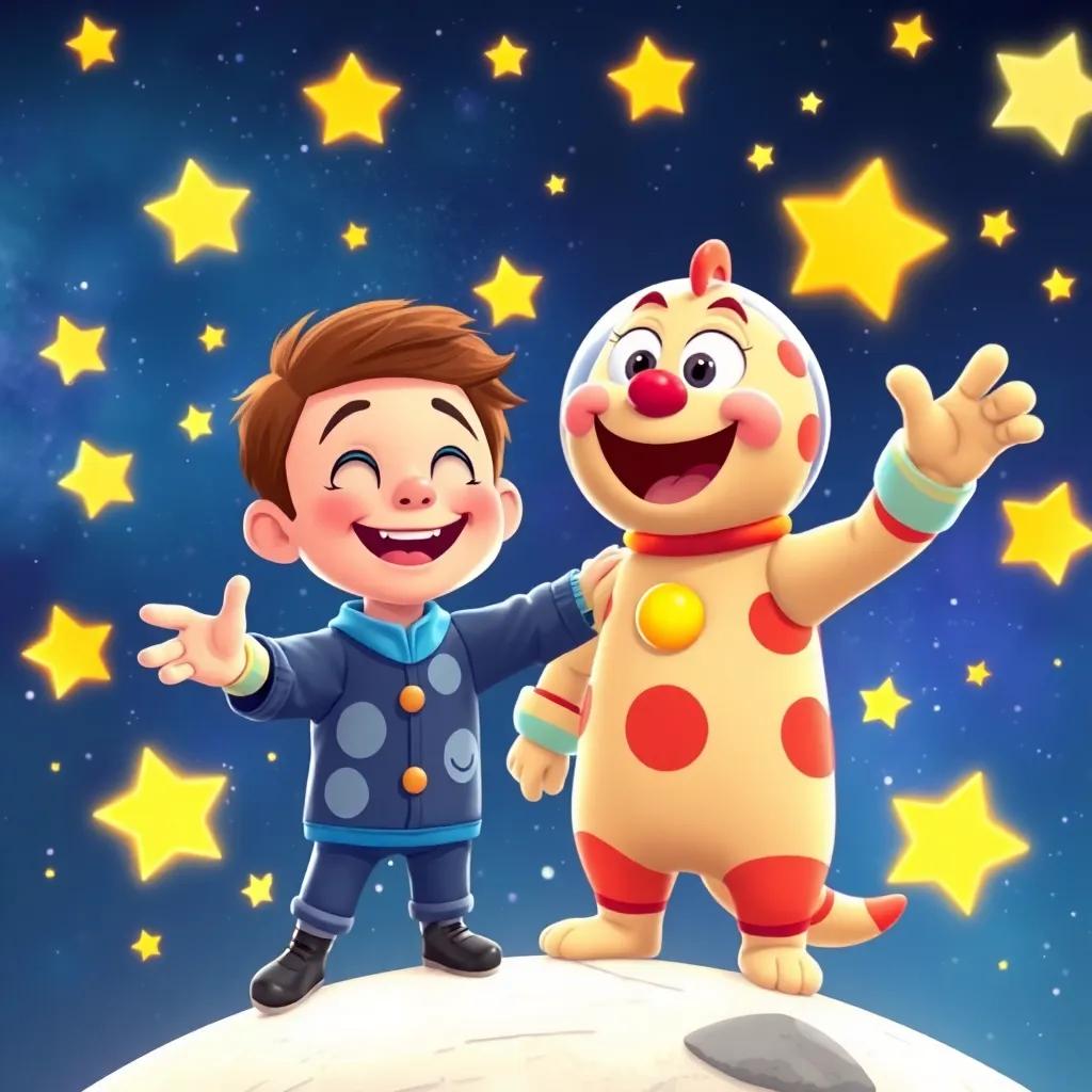 A magical scene of Stephen and Zog celebrating after their adventure in space, surrounded by stars, Stephen smiling brightly, Zog waving friendly, joyful atmosphere, colorful, heartwarming view, high quality