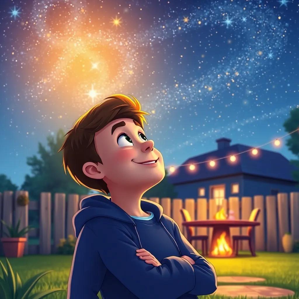 An imaginative drawing of Stephen, now back on Earth, looking up at the night sky full of stars with a hopeful smile, feeling inspired, cozy backyard setting, bright colors, uplifting mood, high quality