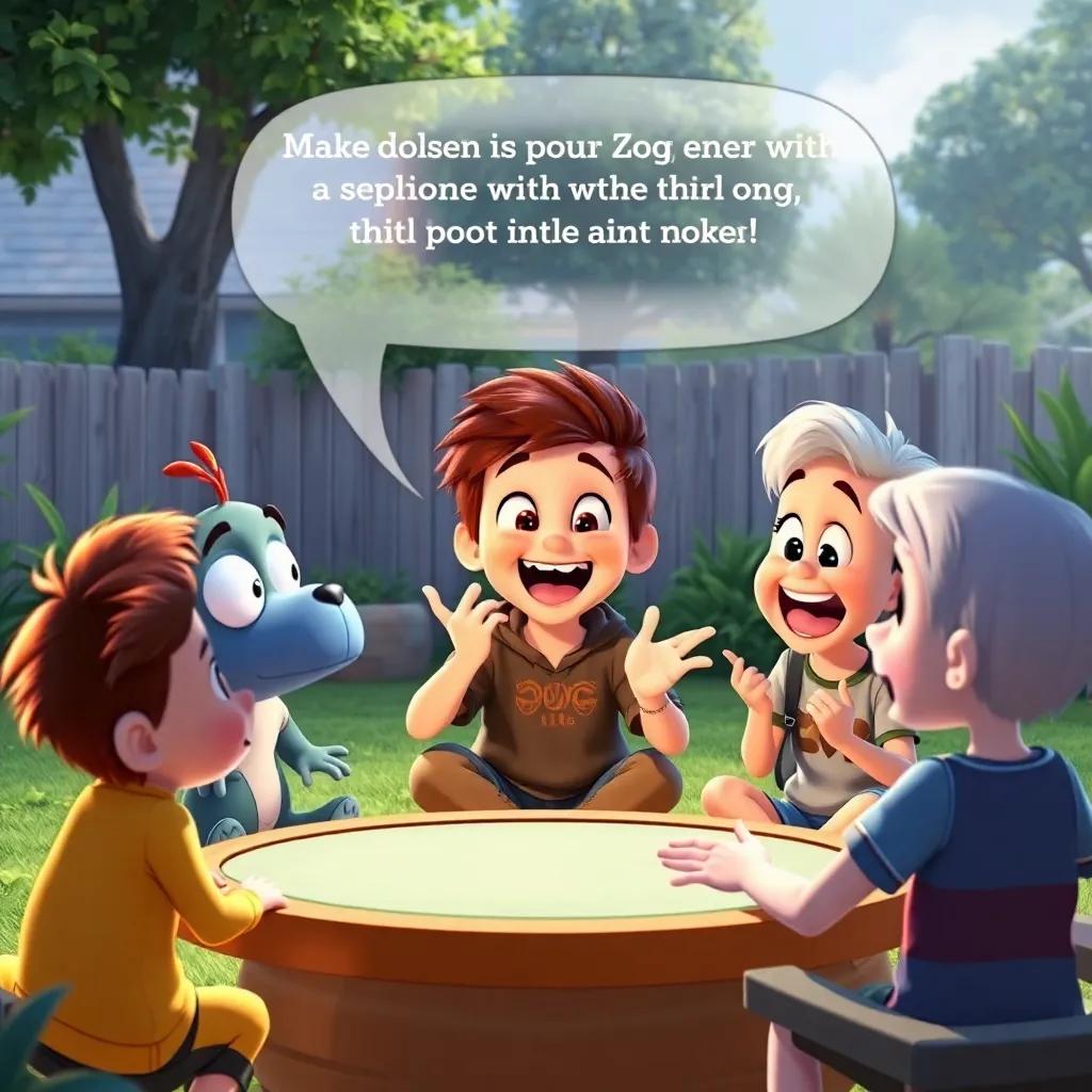 Stephen playing with his friends, telling them about his adventure with Zog and the black hole, excited expressions, lively backyard setting, fun and engaging atmosphere, high quality