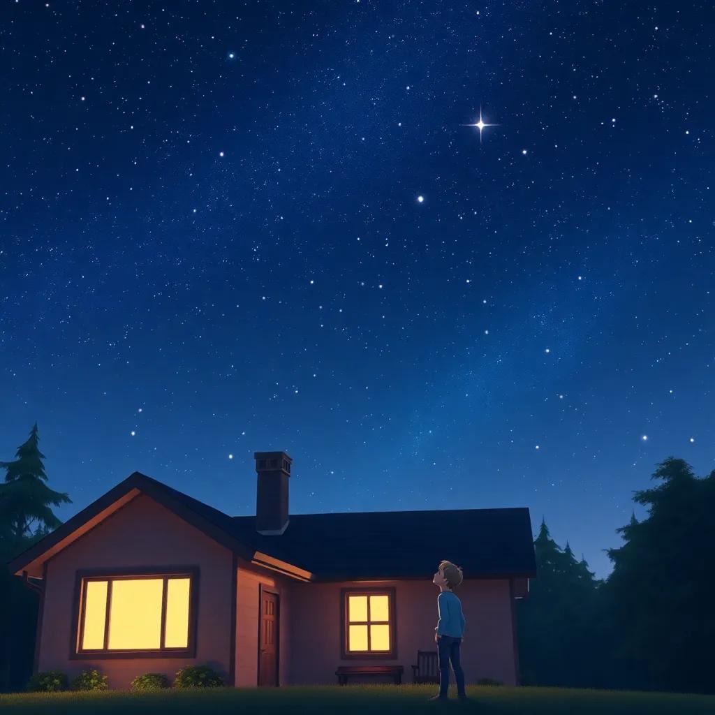 A starry night sky above Stephen's house, with Stephen gazing up dreamily, imagining future adventures in space, peaceful and inspiring scene, starry colors, whimsical quality, high quality