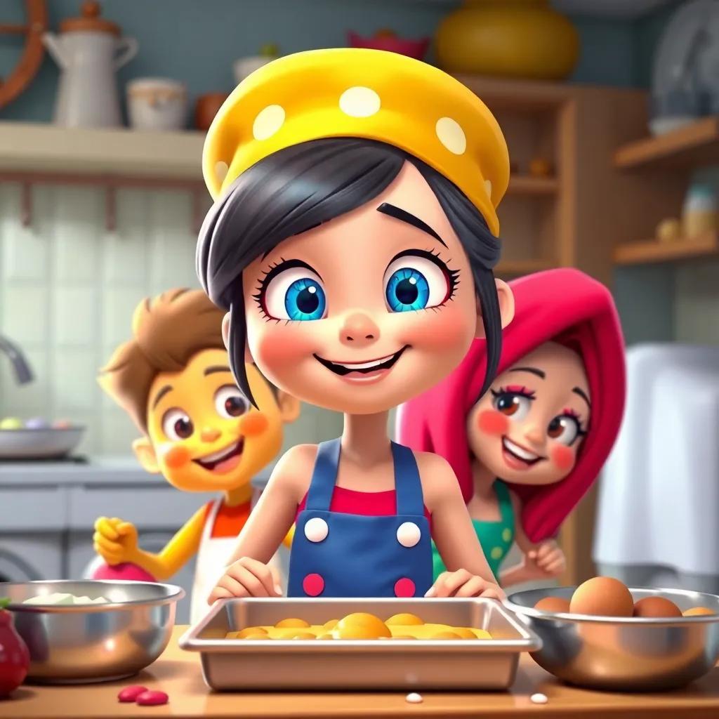 Mia, a cheerful girl with bright blue eyes, standing with her friends Leo and Ruby, all excited in a kitchen, surrounded by ingredients and a baking pan, vibrant colors, playful and fun, high quality