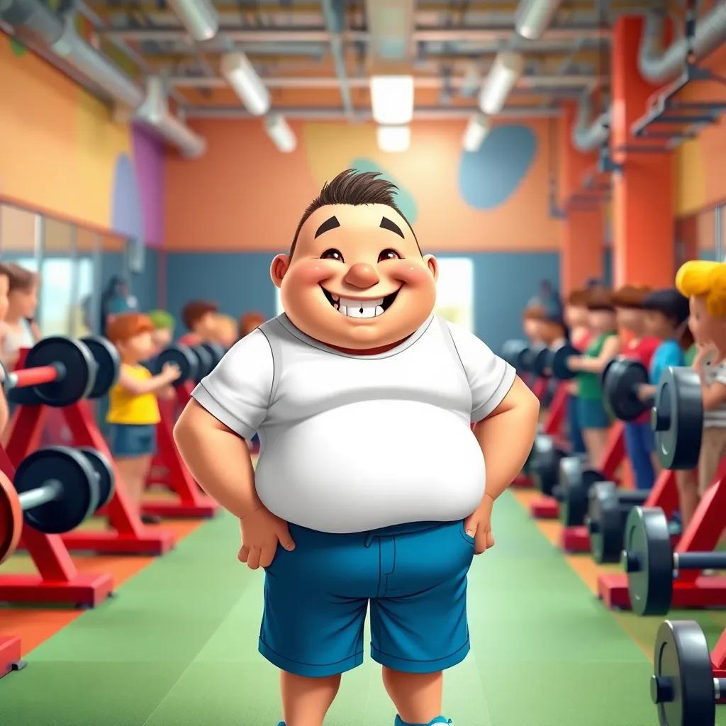 A cheerful chubby man named Benny, with a big smile, wearing a gym shirt and shorts, standing in a colorful gym surrounded by weights and friends encouraging him, bright lighting, vibrant colors, child-friendly, detailed illustration
