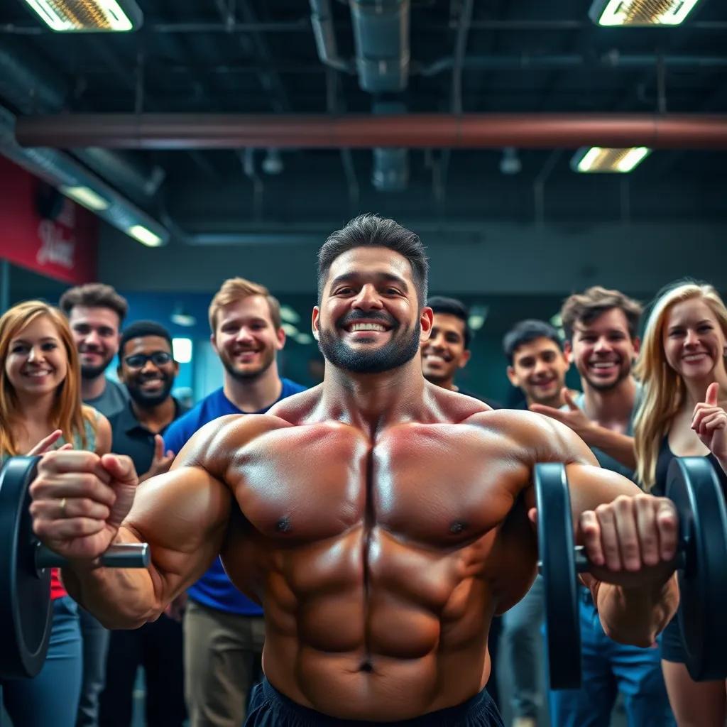 Benny, a newly muscular man with a proud expression, lifting weights in the gym, surrounded by supportive friends, all smiling and cheering, dynamic perspective, inspirational atmosphere, colorful and uplifting scene, engaging digital art