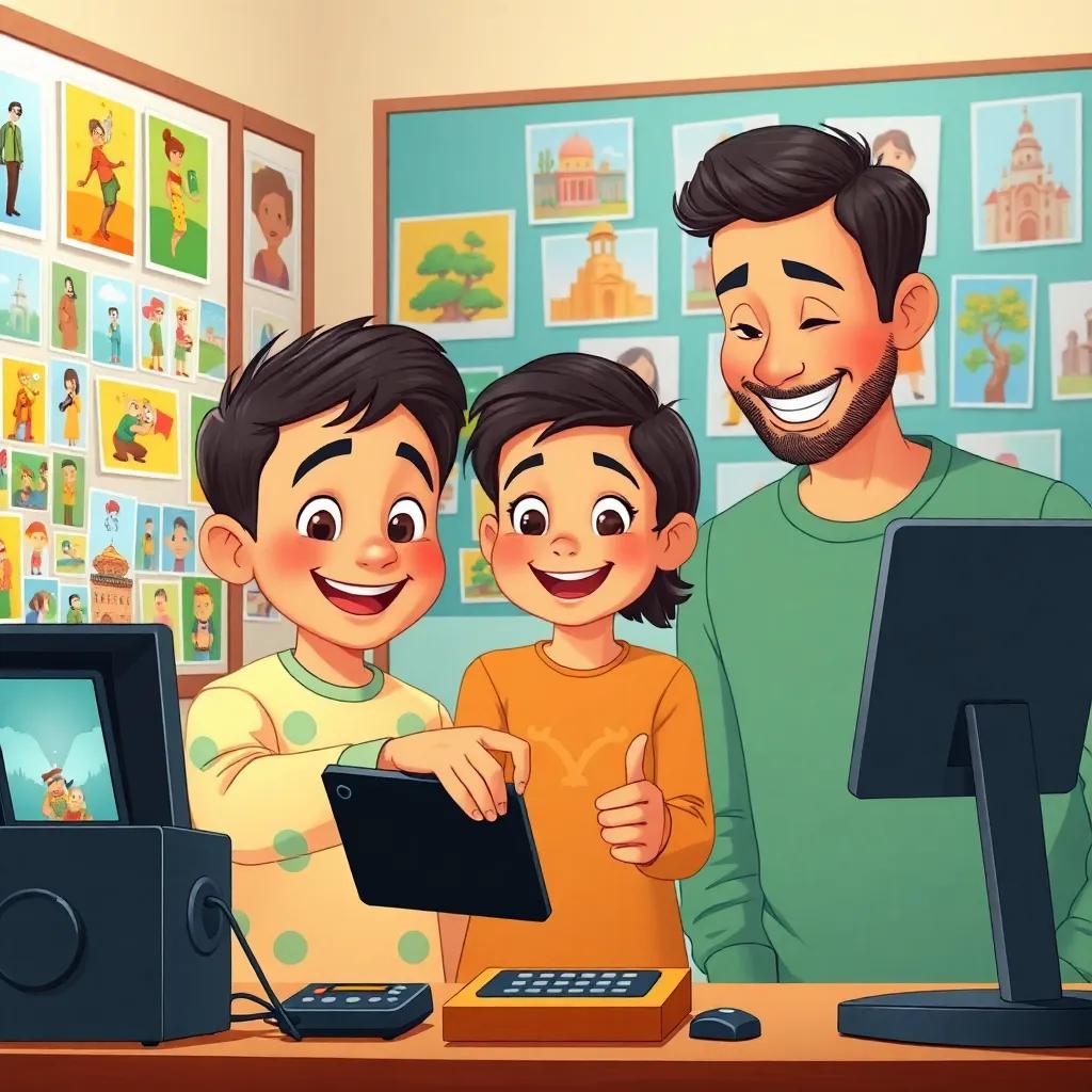 Sultan looking at old gadgets with his smiling mom and dad, pointing at a big black phone, surrounded by colorful pictures on a board, a nostalgic and joyful vibe, child-friendly illustration, bright colors, uplifting scene, detailed