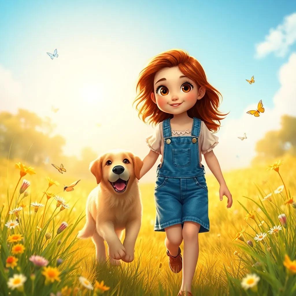 A young girl named Mia with flowing chestnut hair and bright, curious eyes, wearing denim overalls and a pastel blouse, walking hand in hand with her golden retriever, Max, in a sunlit meadow, surrounded by butterflies and wildflowers, digital art, warm golden glow, cheerful atmosphere, high quality