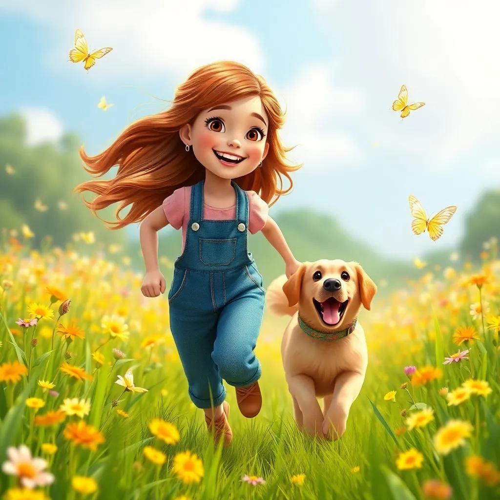 Mia, a young girl with flowing chestnut hair, in denim overalls and pastel blouse, running happily through a field of wildflowers with her loyal golden retriever Max, chasing butterflies, bright colors, joyful scene, child-friendly, high quality
