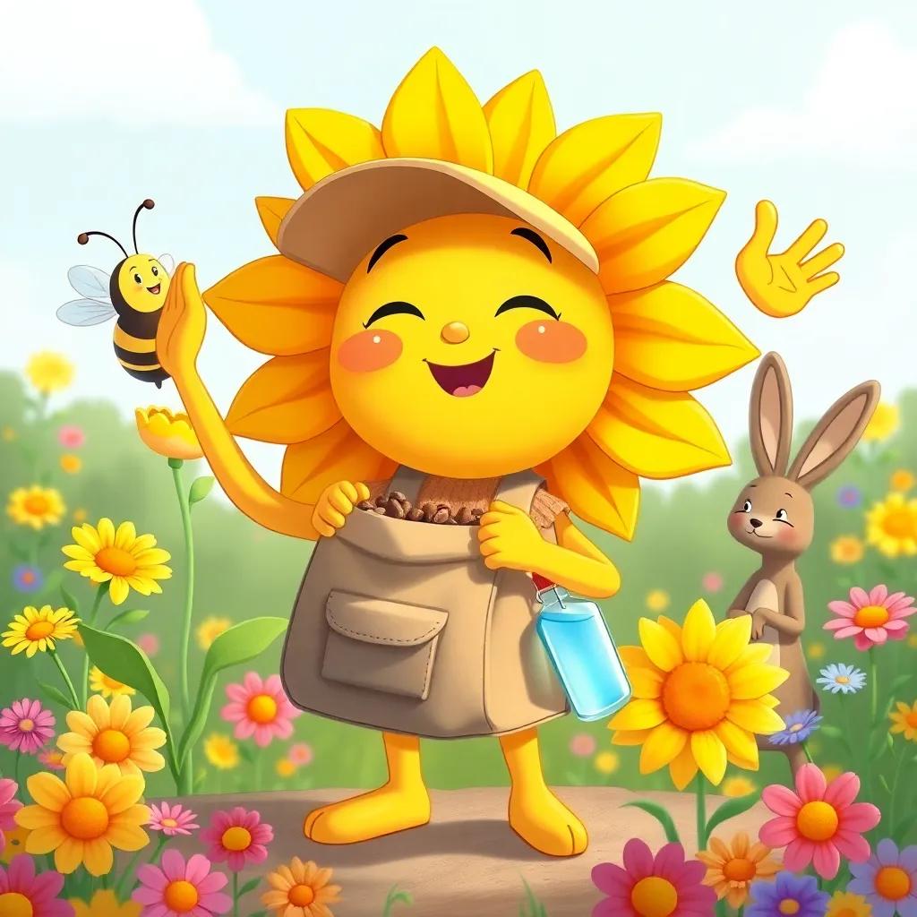 Sunny the sunflower packing a small bag with seeds and water, waving goodbye to Beesly the bee and Harry the hare, excited expressions, colorful flowers around, illustration, cheerful, adventure-themed, child-friendly