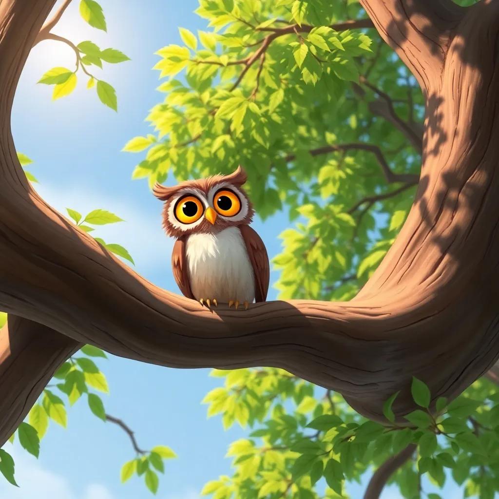 Sunny meeting Ollie the wise owl on a thick oak tree branch, Ollie with big golden eyes and fluffy feathers, sunny day, lush green leaves around, fantasy art, warm colors, inviting atmosphere
