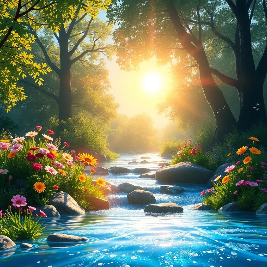 Sunny near a sparkling stream, water glimmering under the sun with musical notes floating in the air, colorful flowers by the stream, peaceful and magical setting, high quality digital painting