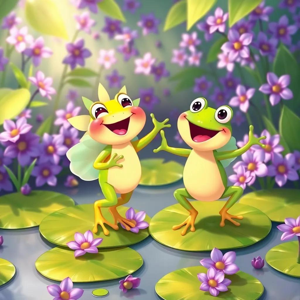 Sunny and Fred the friendly frog hopping together on lily pads, joyful expressions, surrounded by purple flowers and green leaves, vibrant colors, happy scene, whimsical art, high quality