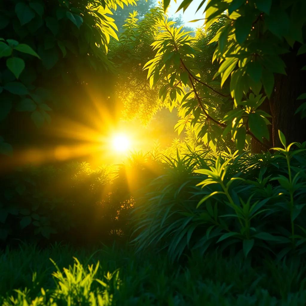 Sunny discovering a radiant light behind bushes, the legendary sunbeam shining brightly with golden sparkles, lush green surroundings, magical atmosphere, colorful and joyful scene, digital art