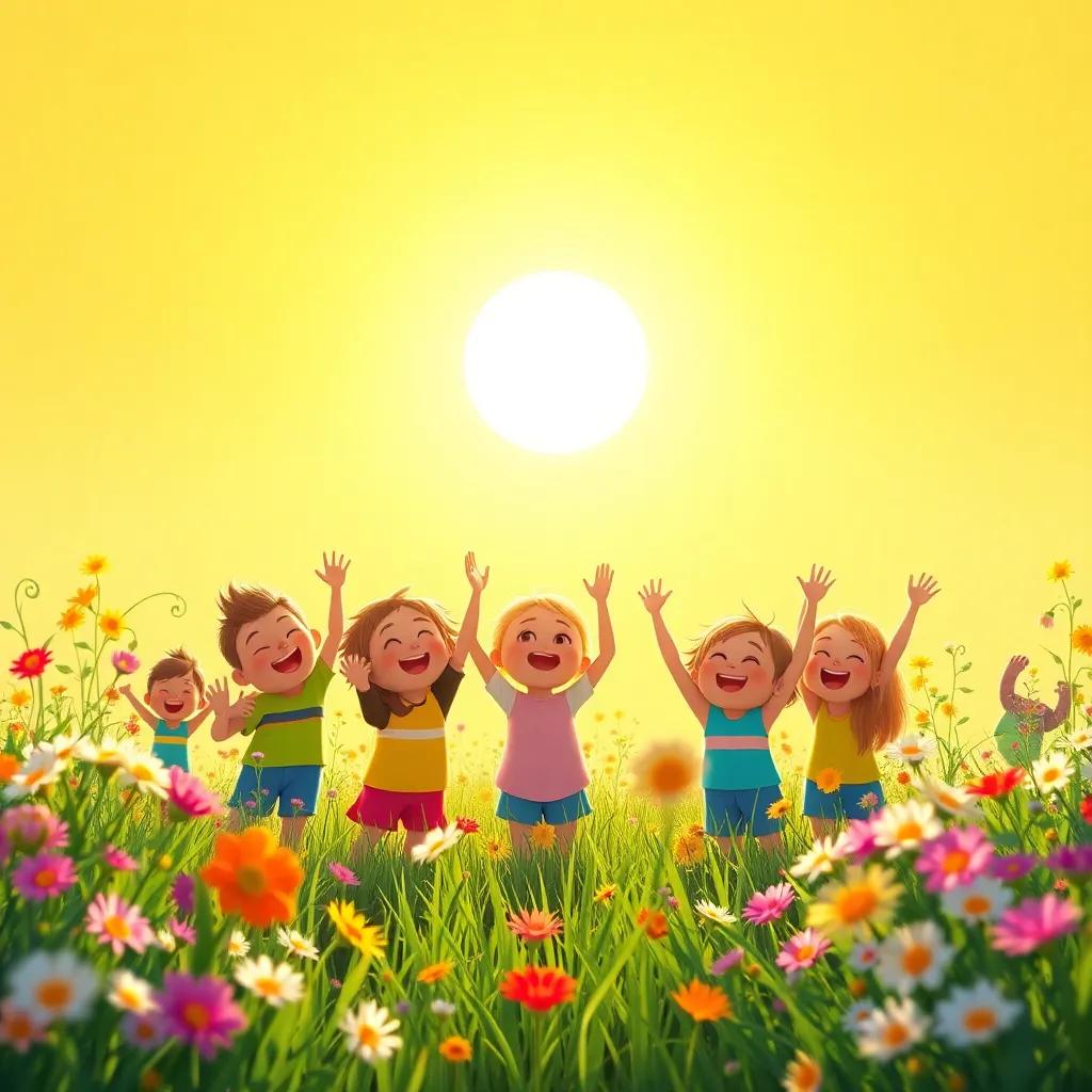 Sunny shining bright surrounded by cheering friends in the meadow, vibrant golden glow filling the scene, joyful celebration with flowers and sunshine, heartwarming, colorful art, high quality
