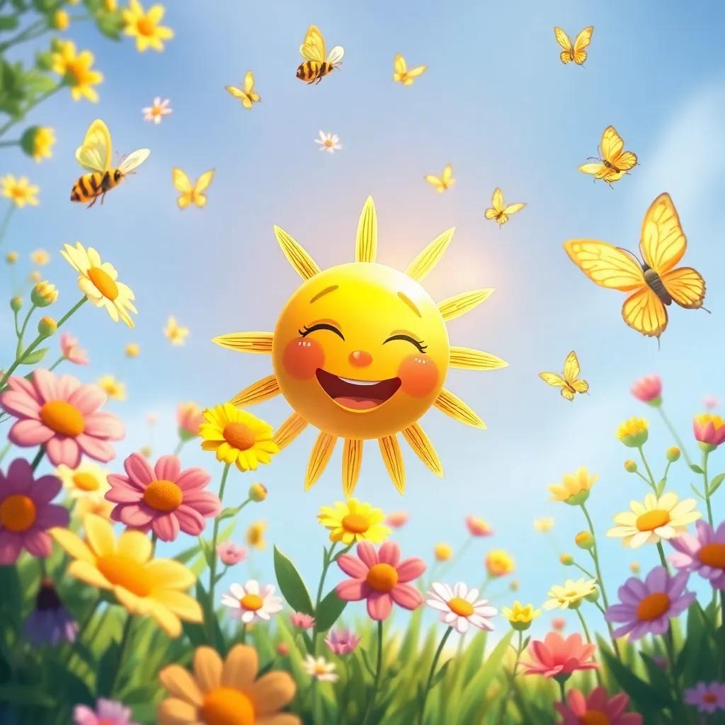 Sunny surrounded by flowers, bees, and butterflies, spreading joy and laughter with his bright radiant glow, happy meadow setting, delightful and colorful illustration, high quality digital art