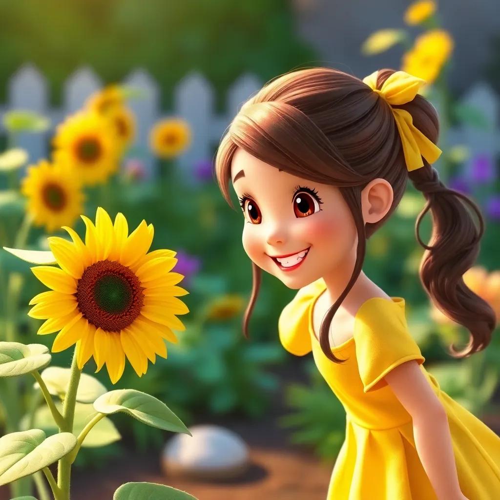 Sunny, a cheerful girl, with brown hair in a ponytail wearing a bright yellow dress, closely observing a talking sunflower with a smile, garden background, magical vibe, colorful, child-friendly