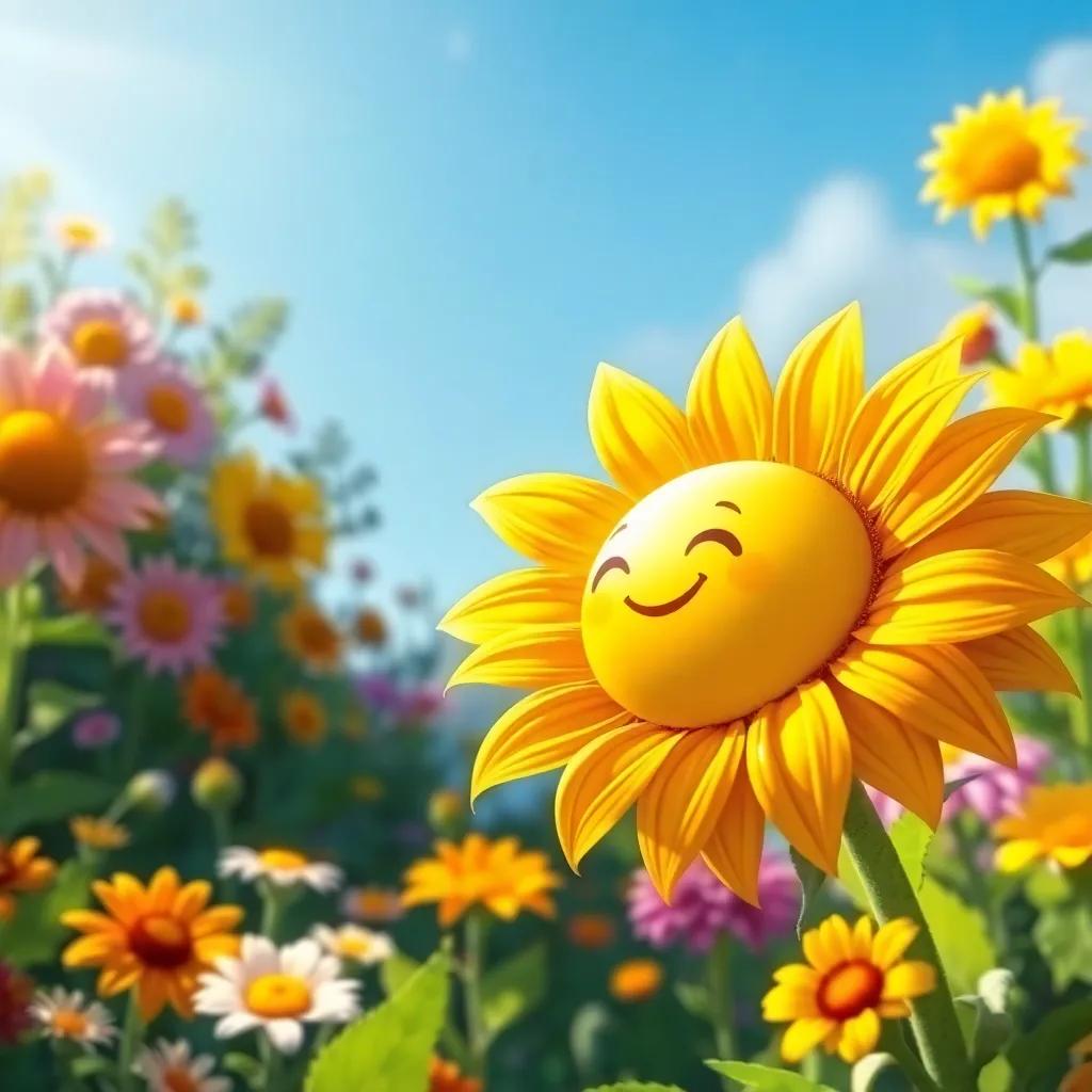 A magical sunflower named Luna, with vibrant golden petals and a happy face, leaning slightly towards Sunny, in a lively garden filled with colorful flowers, cheerful ambiance, illuminated by sunlight, detailed illustration