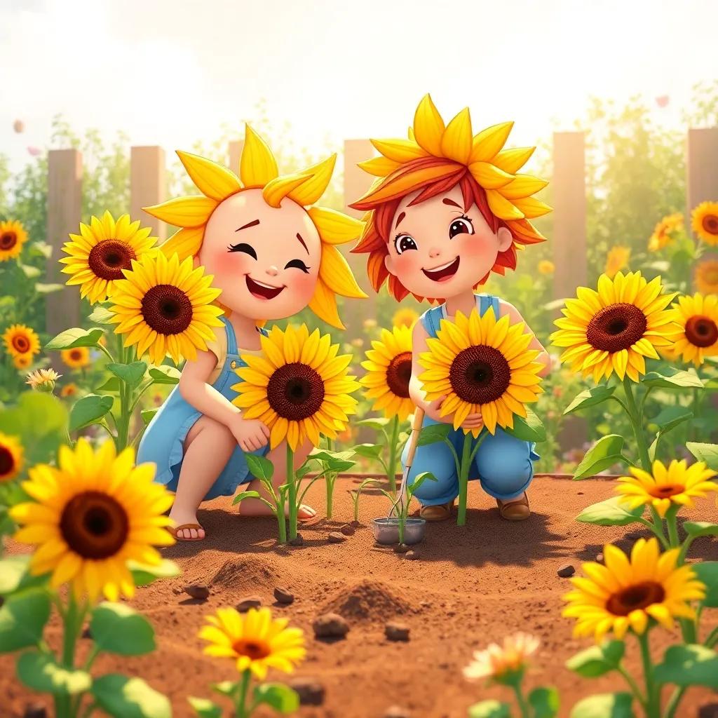Sunny and the sunflowers working together, pulling weeds and planting seeds in the garden, bright day, flowering plants around, joyful teamwork, rich colors, heartwarming scene