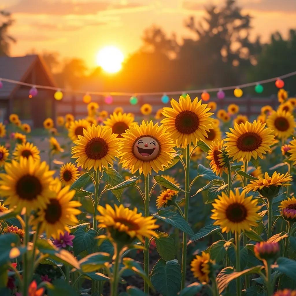A beautiful garden at sunset, with Sunny and the sunflowers dancing and having fun, colorful decorations made of leaves around, warm light, magical atmosphere, fun vibe