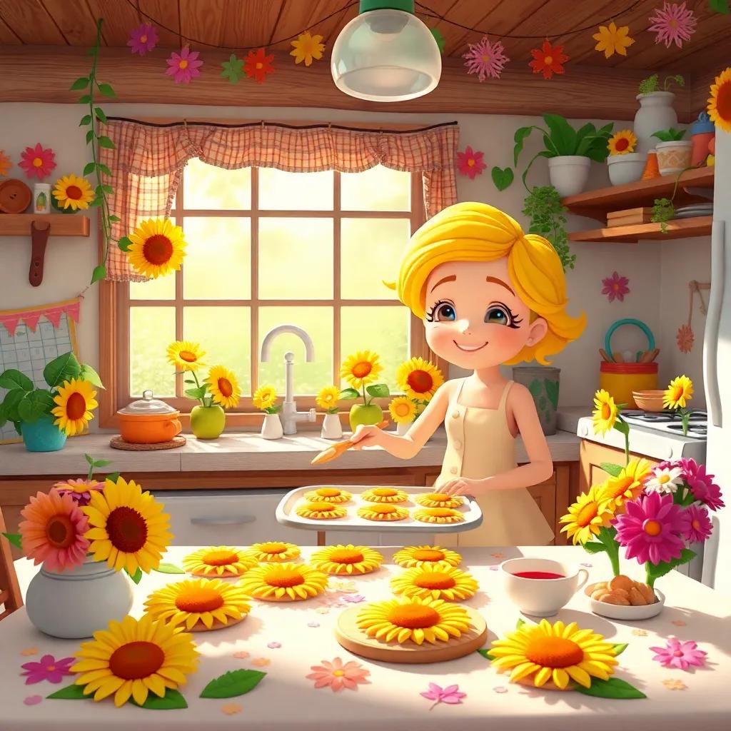 Sunny preparing for a garden party, baking sunflower-shaped cookies in a cozy kitchen, colorful decorations made from flowers and leaves around, cheerful and inviting scene, high quality