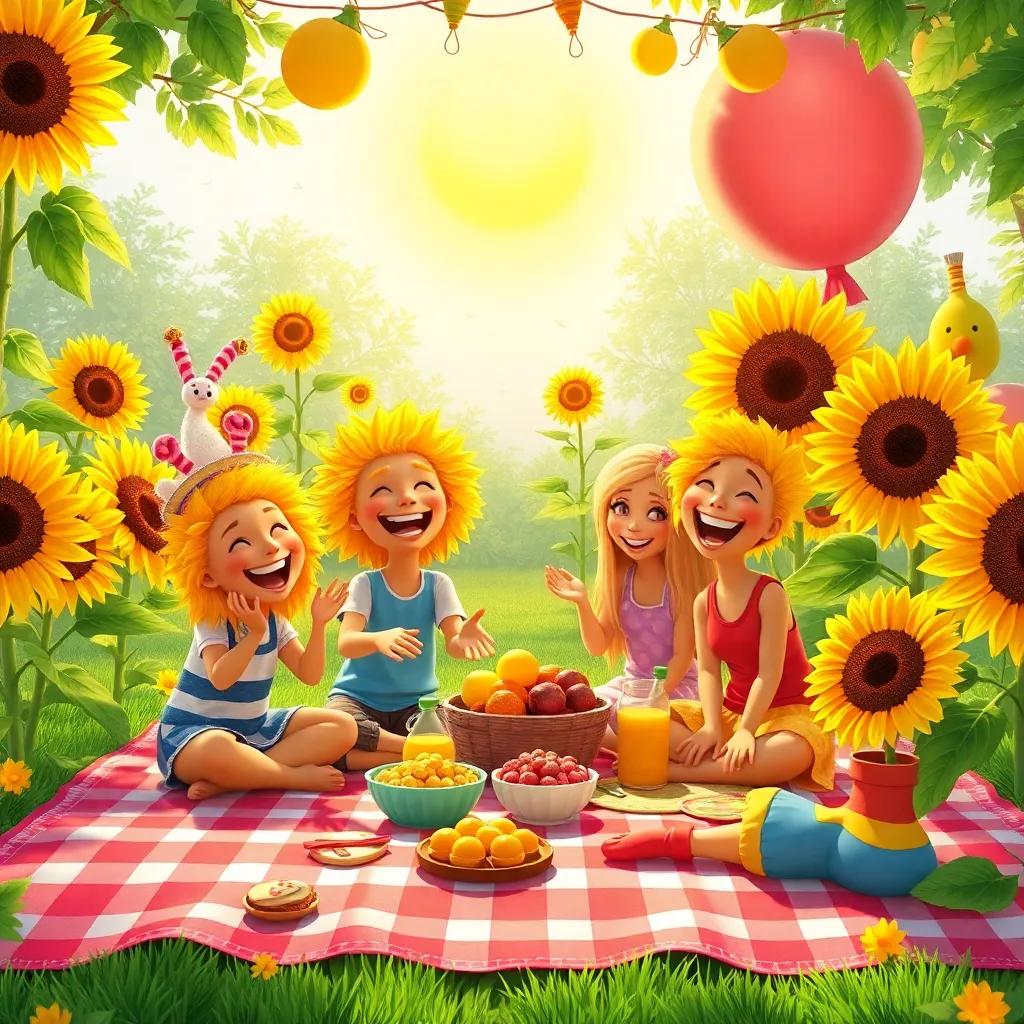 The garden party with Sunny and the sunflowers, lots of laughter and games, colorful snacks on a picnic blanket, sunflowers wearing playful decorations, joyful scene, bright colors