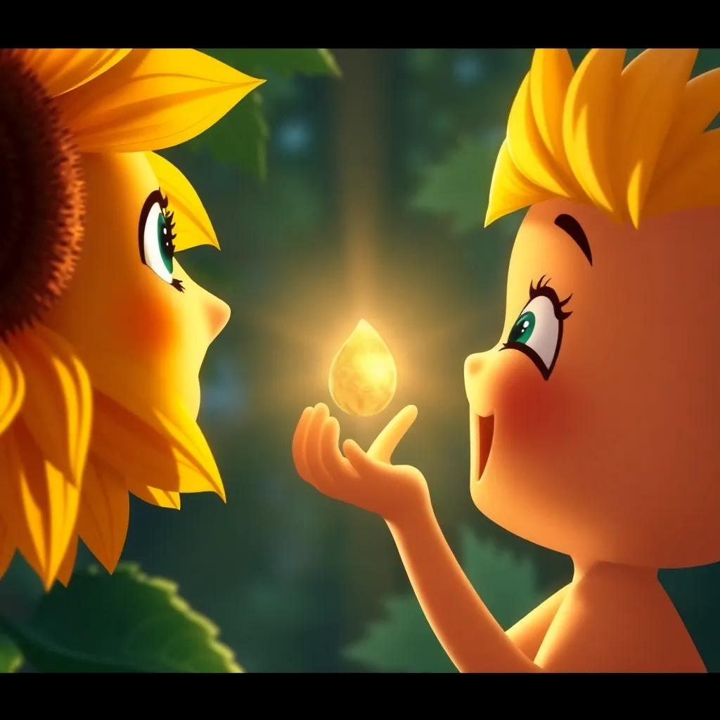 A close-up of Sol, a sunflower with bright petals, giving a magical seed to Sunny, with sunlight shining through leaves around them, enchanting atmosphere, warm and inviting, detailed illustration