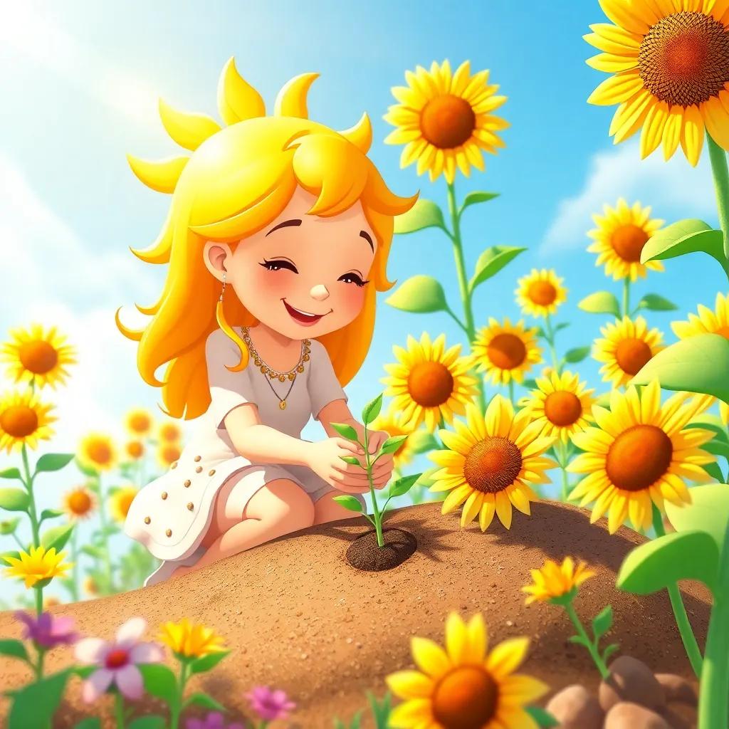 Sunny planting the magical seed given by Sol, surrounded by blooming flowers and happy sunflowers watching her, bright day, caring for nature, vibrant colors, heartwarming