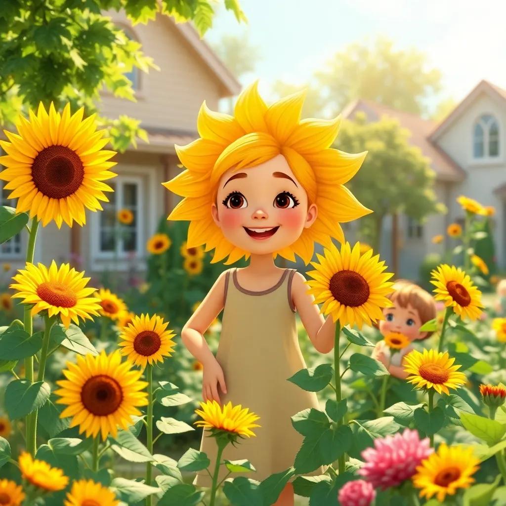 A proud Sunny in her flourishing garden, showing off her sunflower friends to the neighborhood children, bright sunshine, lush plants, joyful atmosphere, vibrant colors