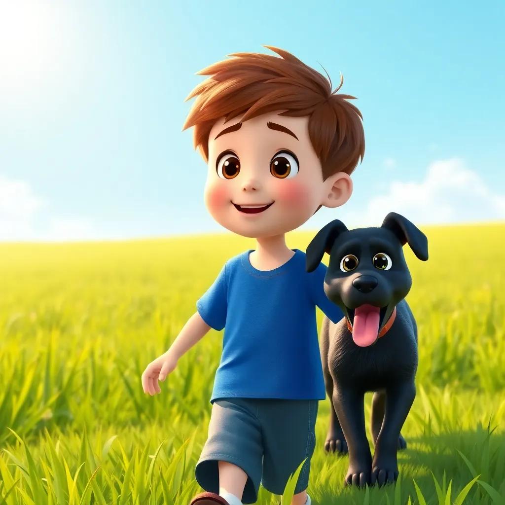 A boy named Timmy, a young Caucasian boy with short brown hair, wearing a blue t-shirt and shorts, walking in a sunny field with his dog Max, a shiny black dog, bright sun, green grass, cheerful atmosphere, high quality