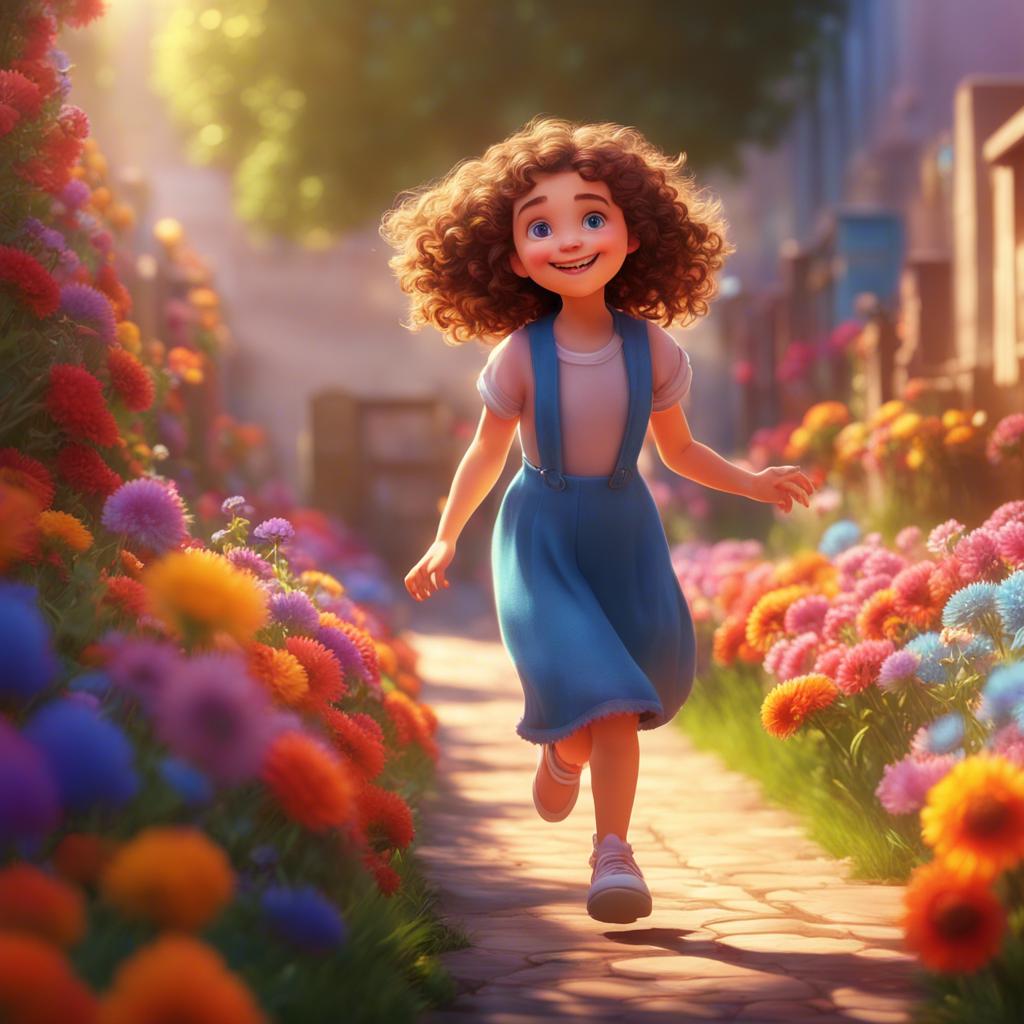 Mia, an eight-year-old girl with curly brown hair and sparkling blue eyes, skipping down a sunny path lined with colorful flowers, warm sunlight, vibrant colors, cheerful atmosphere, high quality