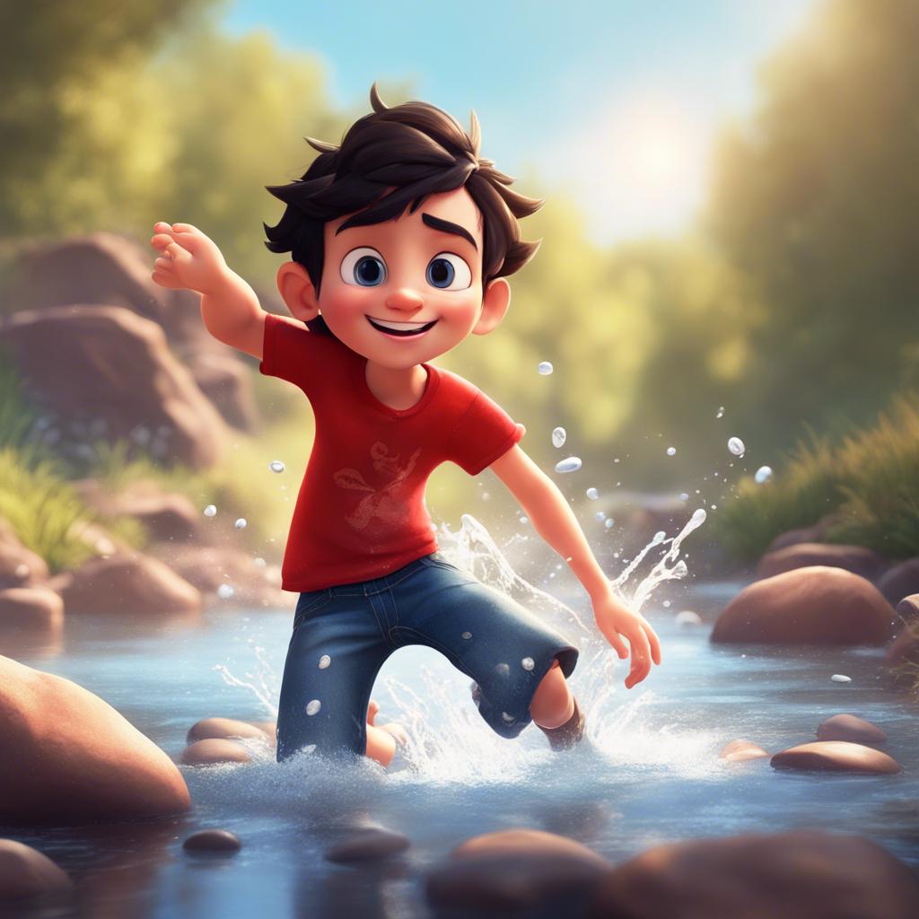 Sam, a boy with dark hair in a bright red t-shirt and faded jeans, tossing pebbles into a creek, splashes of water shining in the sunlight, joyful scene, high quality