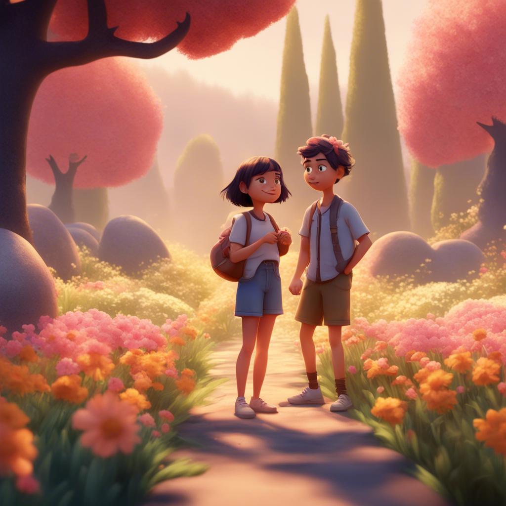 Mia and Sam picking up smooth stones, surrounded by flowers and trees, warm and inviting light, playful mood, high quality