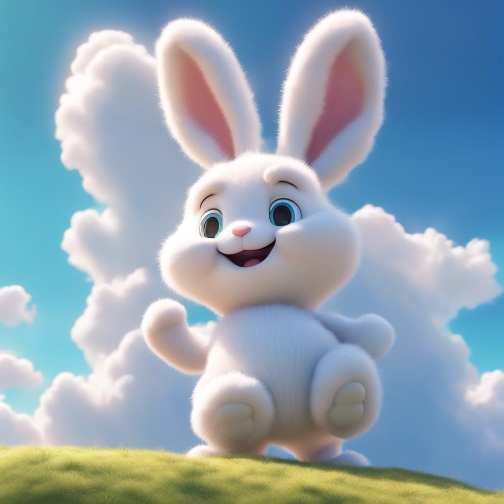 A fluffy white cloud in a clear blue sky, shaped like a bunny, children pointing up and laughing, natural lighting, colorful landscape, high quality