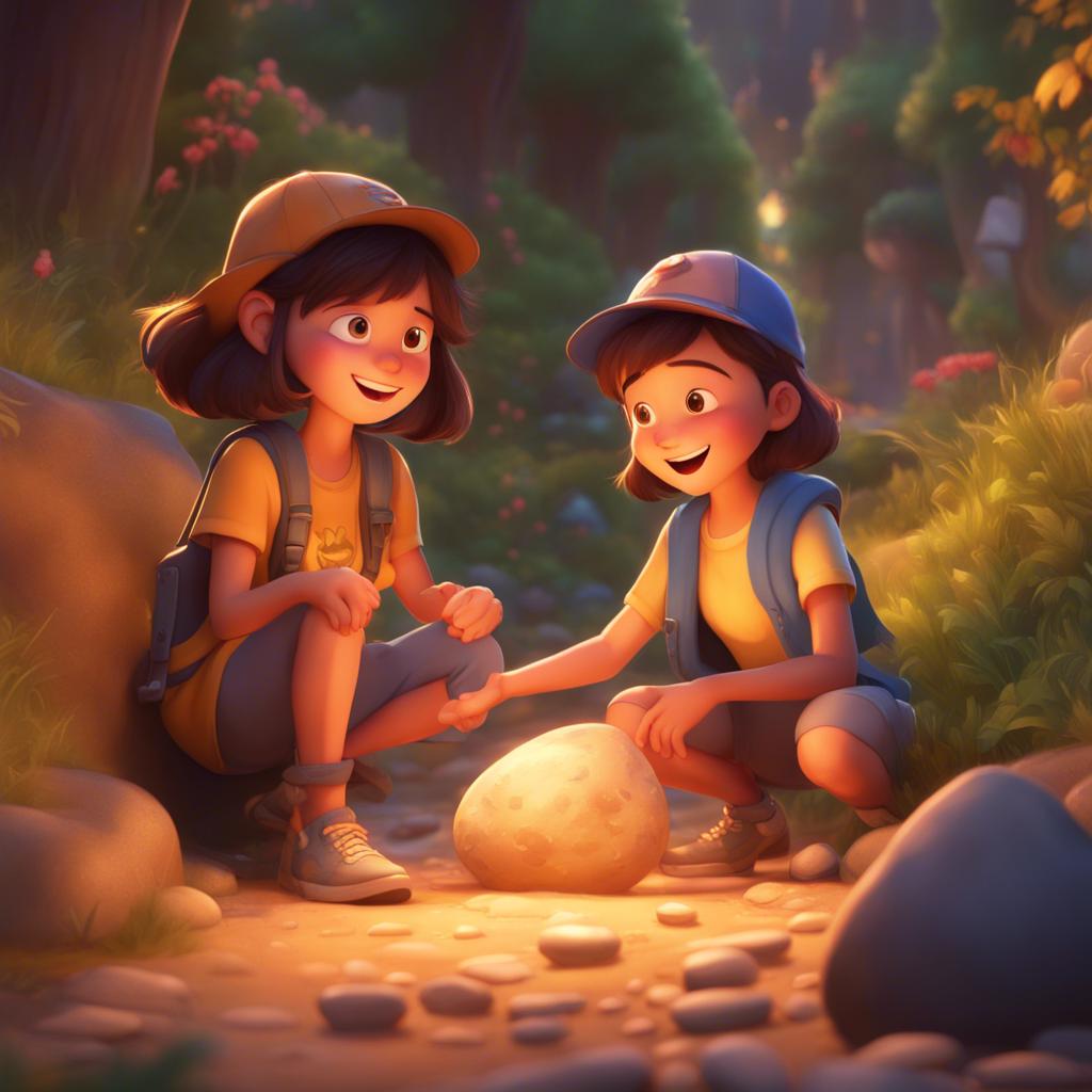 Mia finding a shiny, smooth stone, with happy friends around, a treasure hunt scene, warm light, cheerful atmosphere, high quality