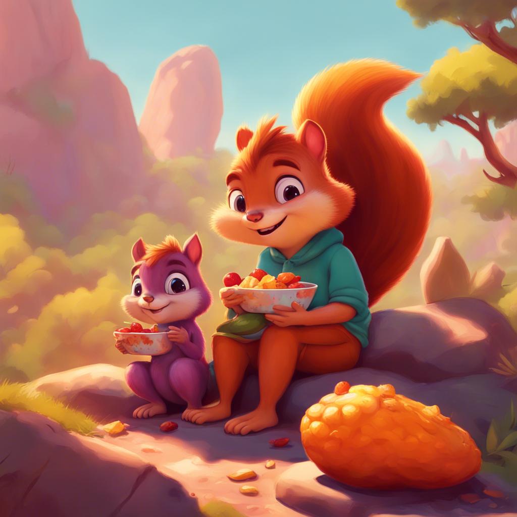 Mia and Sam sitting on a warm rock, enjoying fruity snacks, with a friendly squirrel nearby, relaxed and cheerful vibe, warm colors, high quality