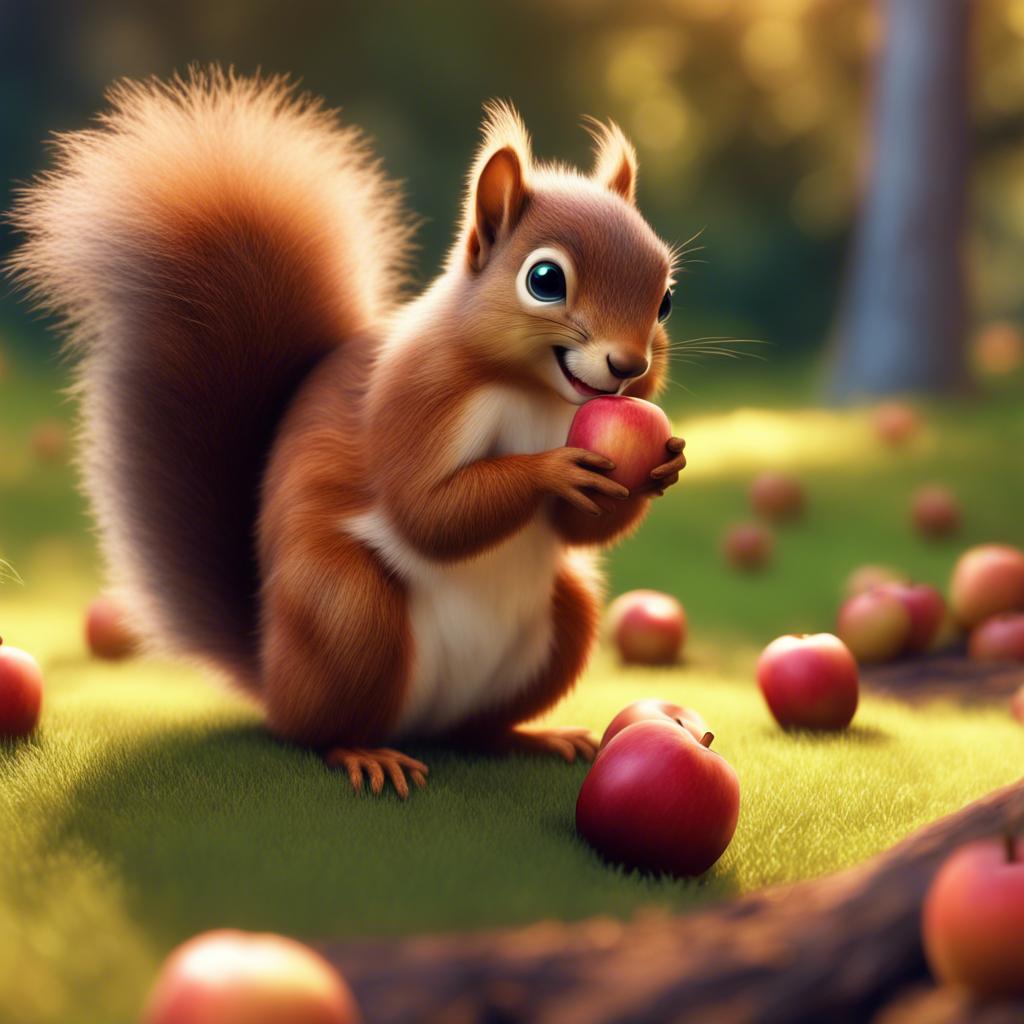 A squirrel with bushy fur and twinkling eyes nibbling on an apple crumb, vibrant landscaping, friendly scene, natural lighting, high quality