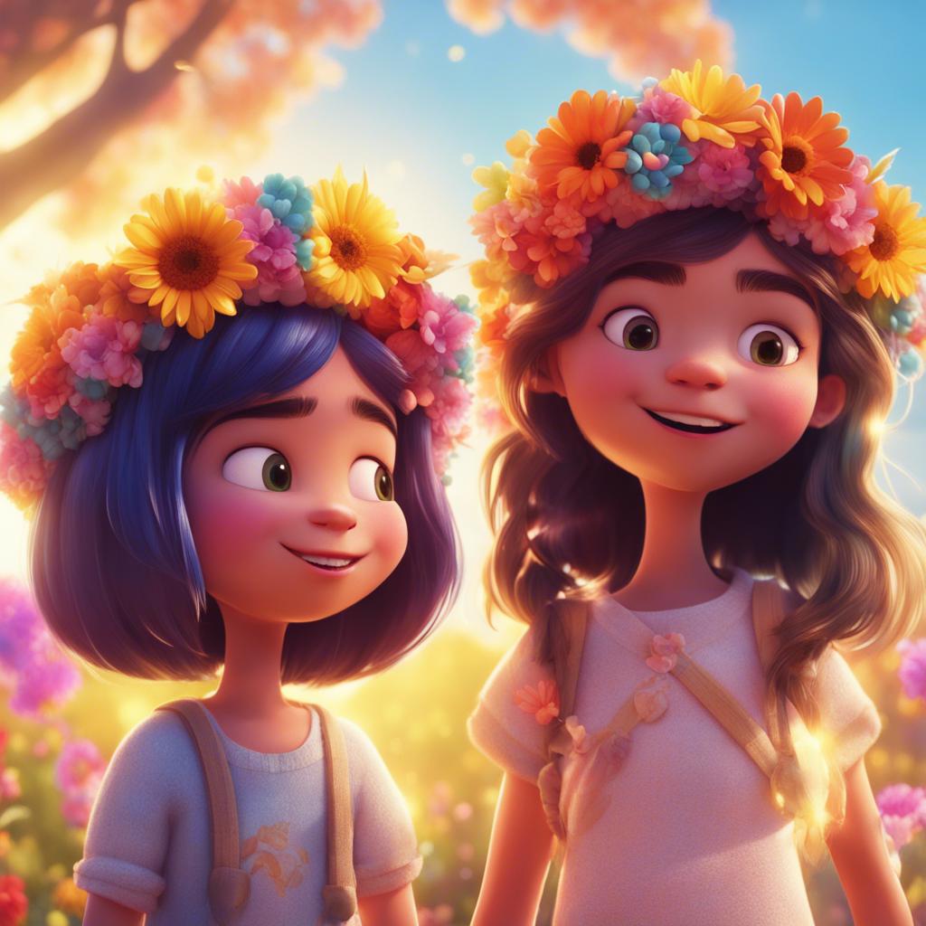 Mia and Sam weaving flower crowns with bright flowers, cheerful atmosphere, sunny backdrop, whimsical feel, high quality