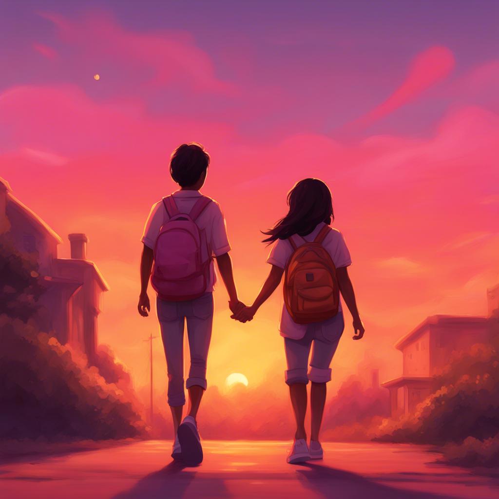 Mia and Sam walking home as the sun sets, painting the sky with pink and orange hues, warm glow, friendship, high quality