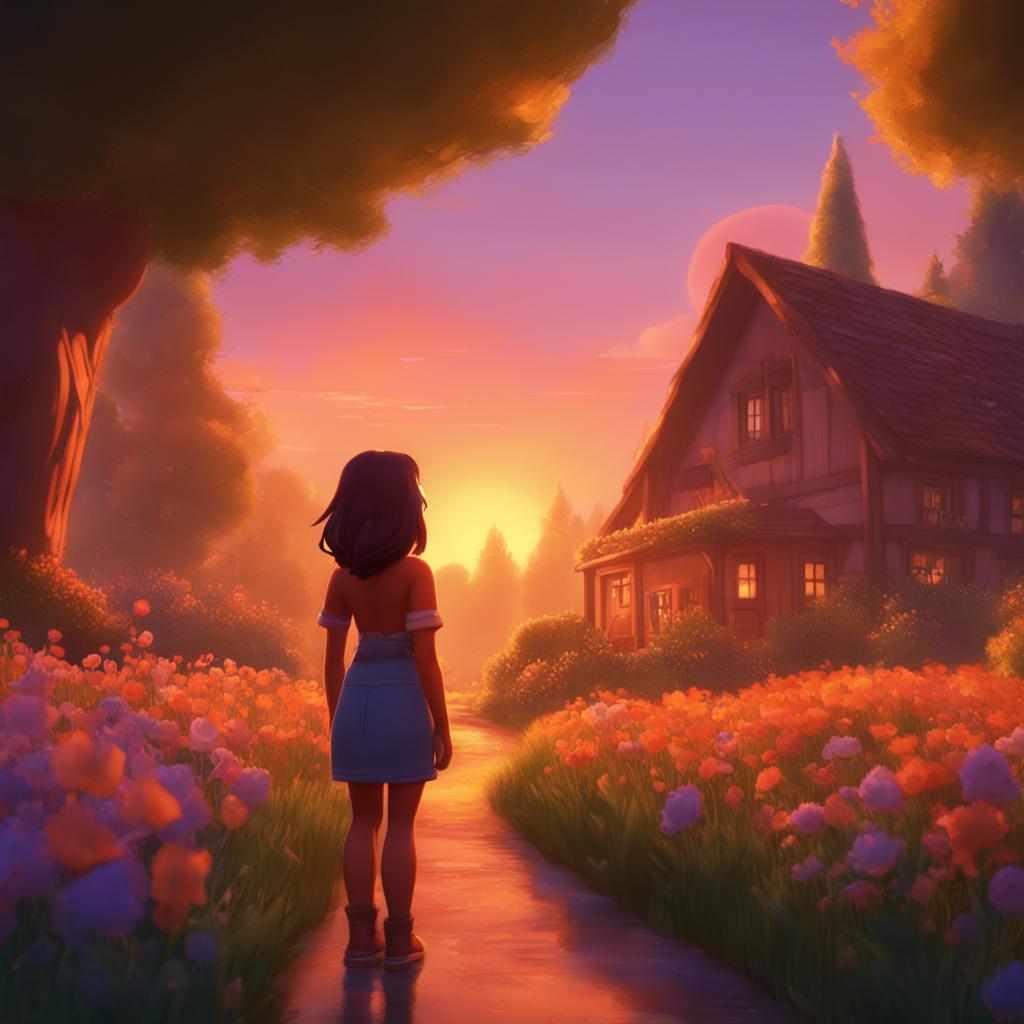 Mia looking back at Willow Creek, filled with flowers and laughter, warm sunset, heartwarming moment, high quality