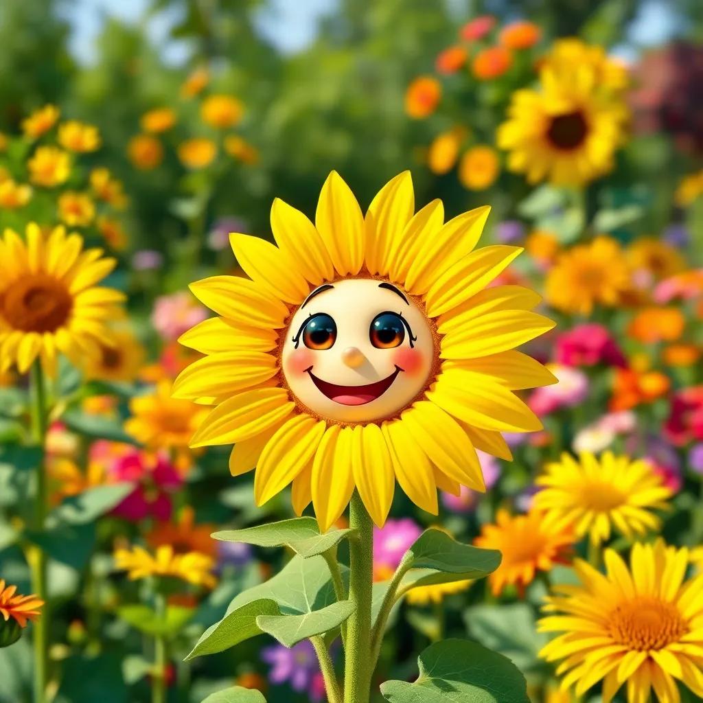 A bright and cheerful sunflower named Sunny with yellow petals and a smiling face in a vibrant garden, digital art, sunny day, colorful flowers, joyful atmosphere, high quality