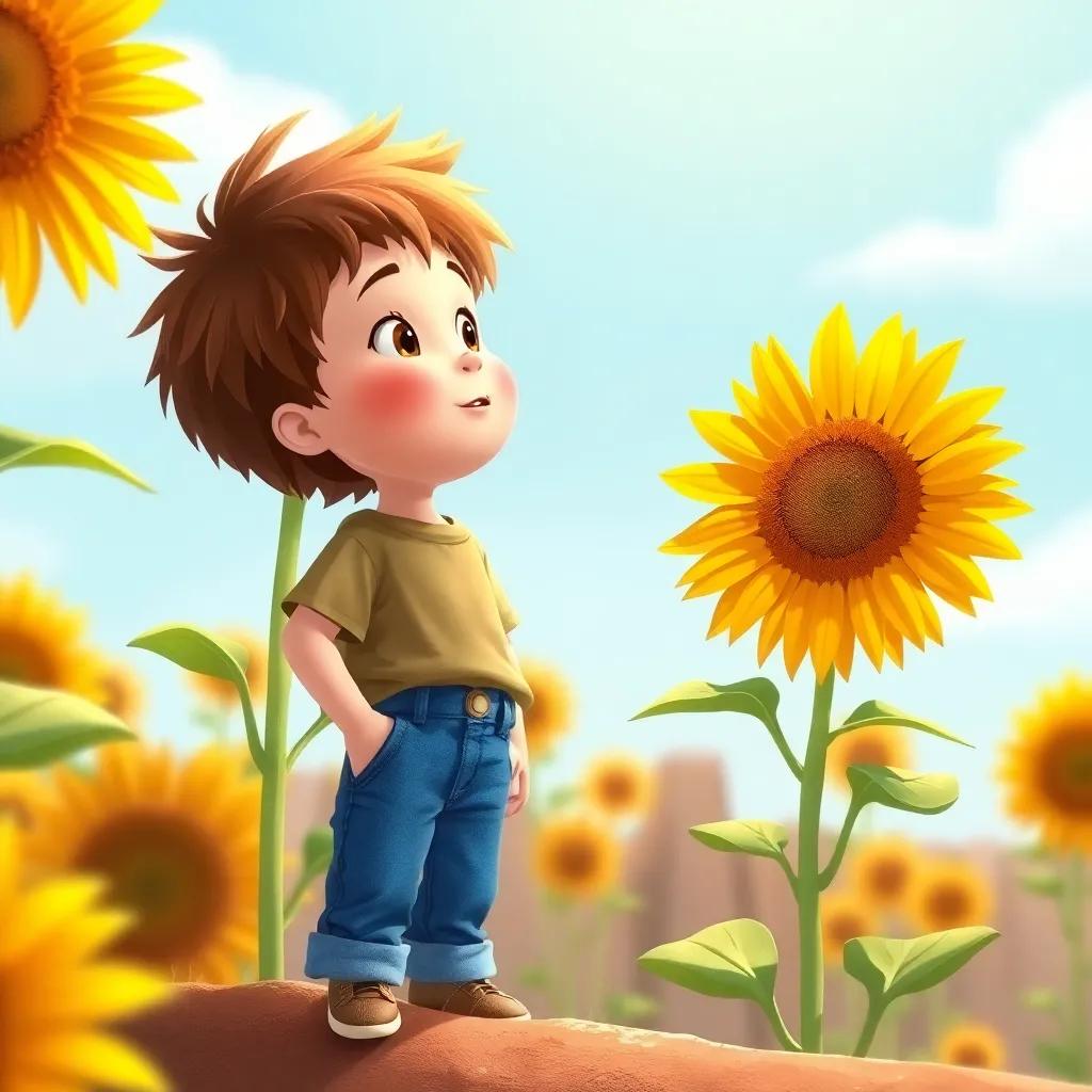 A little boy named Timmy with tousled hair and blue jeans looking up at Sunny the sunflower, feeling hopeful, illustration, bright colors, uplifting mood, child-friendly