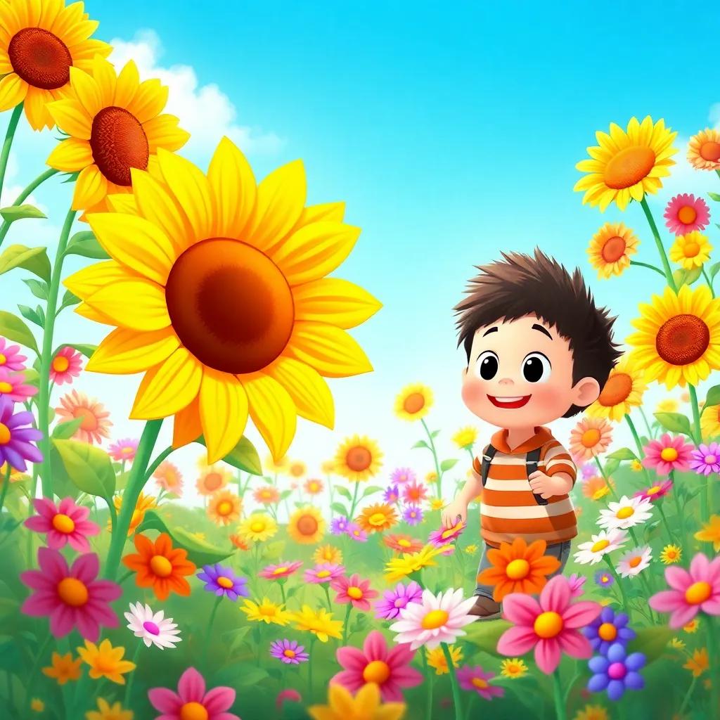 Sunny the sunflower and Timmy exploring the garden filled with colorful flowers, a bright blue sky above them, illustration, cheerful, adventure-themed, high quality